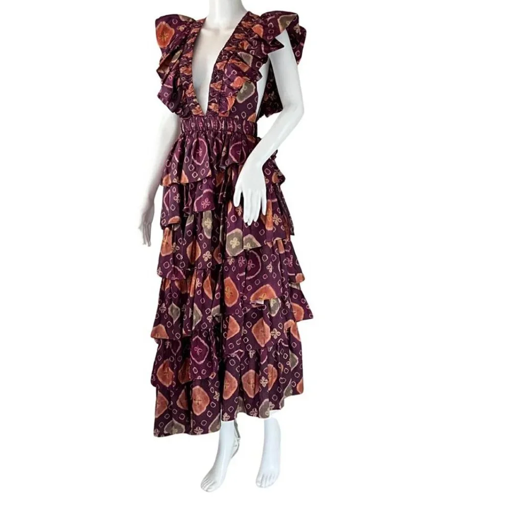 Ulla Johnson Women's Viola Asymmetric Floral Print Tiered Silk Dress Purple Sz 2 - Picture 5 of 10